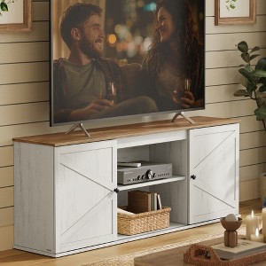 Farmhouse TV Stand for 65-Inch TVs, Entertainment Center with Sliding Barn Doors and 4 Storage Compartments, Rustic White and Brown - 1 of 4