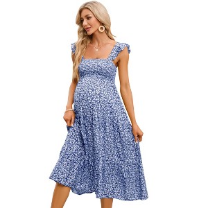Womens Square Neck Smocked Maternity Dress Flutter Sleeve Summer Maxi Sundress - 1 of 4