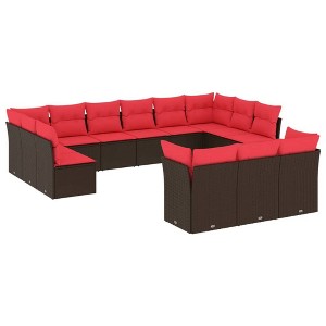 vidaXL 13 Piece Garden Sofa Set with Cushions Brown and Red Poly Rattan - Without Table - 1 of 4