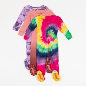 Leveret Girls Cotton Baby Footed Pajamas – 3 Pack – Tie Dye Pinks Sleepers - 1 of 4