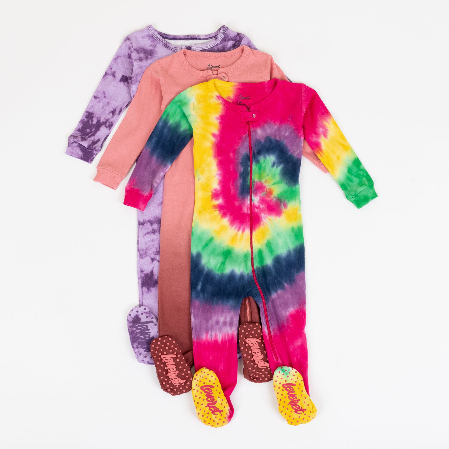 Leveret Girls Cotton Baby Footed Pajamas – 3 Pack – Tie Dye Pinks Sleepers