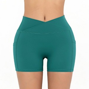Anna-Kaci Active Women's V-Cross Front Wide Band Stretchy Side Pocket Detail Biker Shorts - 1 of 4