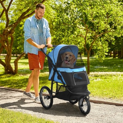 Blue and Black Foldable Dog Stroller with Adjustable Canopy