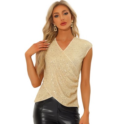 Allegra K Women's Party Club Sequin Sparkle Glitter V Neck Cap Sleeve Blouse