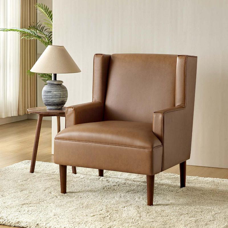 Jeremias Wooden Upholstered Vegan Leather Accent Chair with Built-in Sinuous Spring for Bedroom and Living Room| ARTFUL LIVING DESIGN, 3 of 11