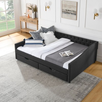 NicBex Queen Size Upholstered Tufted Daybed with 2 Drawers and Button Back for Bedroom,Living Room,Apartment,Black
