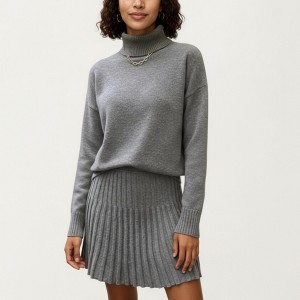 Anna-Kaci Women’s Knit Turtleneck Sweater and Pleated Skirt Set with Ribbed Texture High Neck Top and Stretch Waist Flared Hem Skirt - 1 of 4
