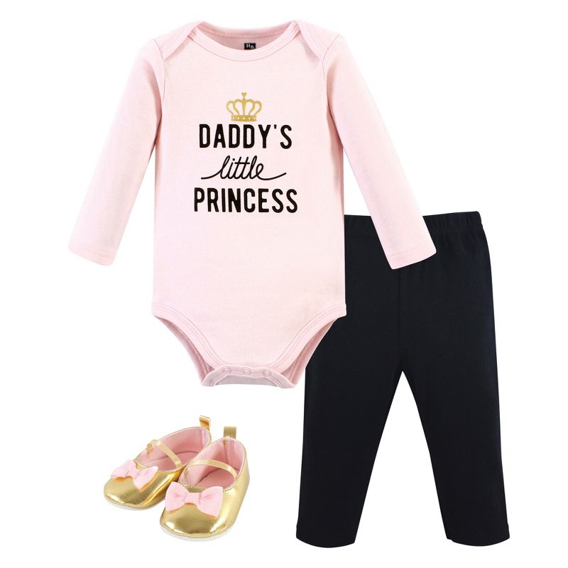 Hudson Baby Infant Girl Cotton Bodysuit, Pant and Shoe Set, Daddys Little Princess Pink, 1 of 6