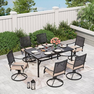 7pc Outdoor Dining Set With Steel Swivel Chairs & Large Rectangle Metal ...