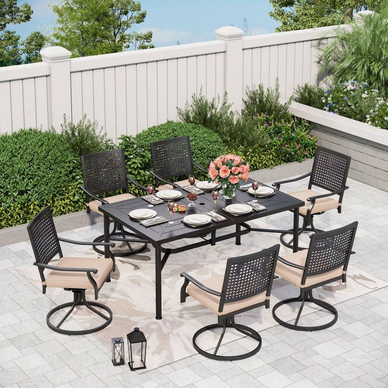 7pc Outdoor Dining Set with Steel Swivel Chairs &#38; Large Rectangle Metal Table with Umbrella Hole - Black - Captiva Designs, 1 of 15