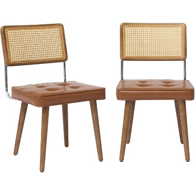 coucheta Vintage Rattan Back PU Upholstered Dining Chair of 2, with Natural Handwoven Rattan Cane Back and Strong Wood Legs,for Dining,Kitchen,Brown