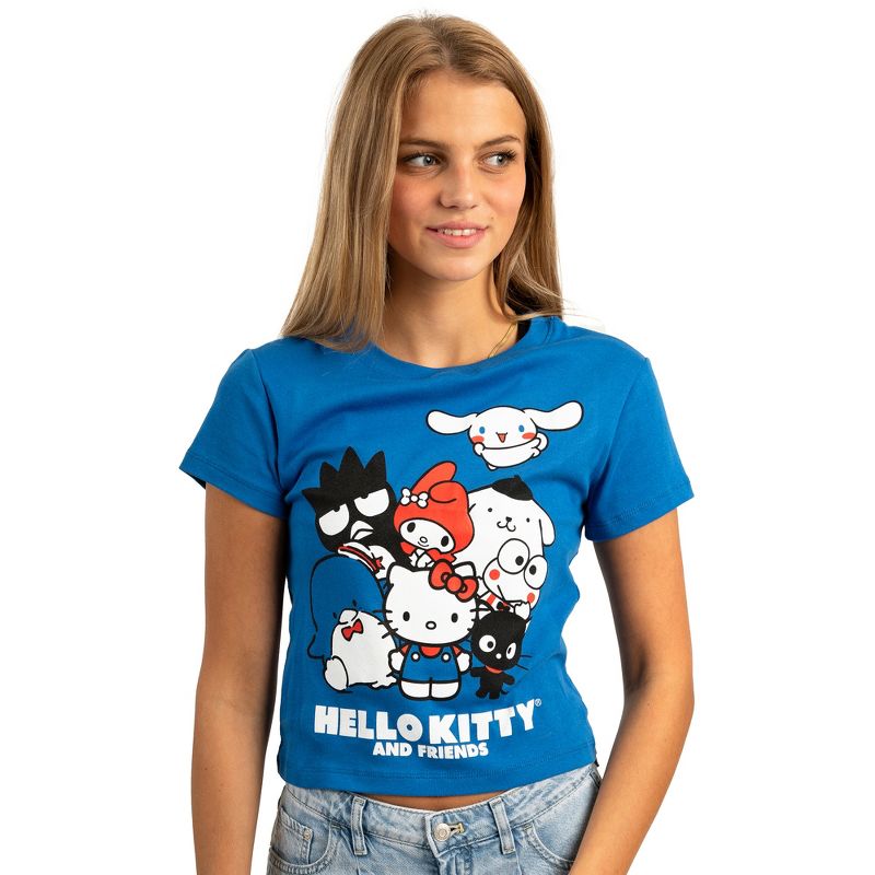 Hello Kitty & Friends Group Artwork Crew Neck Short Sleeve Blue Women's Longer Crop Baby Fitted Tee, 1 of 2