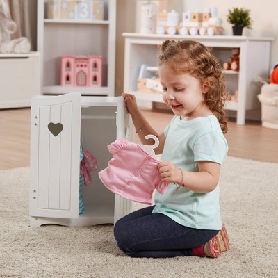 Modern White Wooden Doll Armoire with Shelves and Hangers