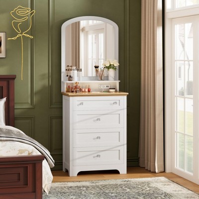 Jojoka 4 Drawer Vanity Dresser with Mirror and LED Strip, Charging Station and Crystal Knobs for Bedroom and Entryway, White