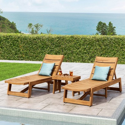 Acacia Wood Yellow Adjustable 2-Person Chaise Lounge Set