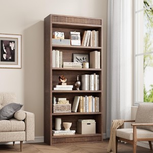 71" Tall Bookcase w/Display Rack & Fluted Design, 5 Tier Farmhouse Bookshelf with Wood Base - 1 of 4
