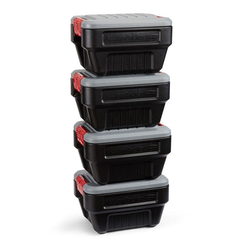Rubbermaid 8 Gallon Action Packer Lockable Latch Indoor and Outdoor Storage Box Container, Black (4 Pack), 1 of 8