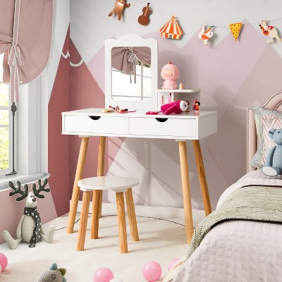 Costzon Kids Vanity Set, Wooden Makeup Table with Mirror, Stool, 2 Drawers & Shelf, Princess Pretend Play Set for Toddlers (White)
