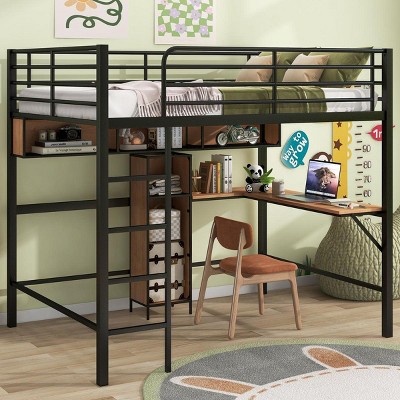 Streamdale Full Size Metal & Wood Loft Bed with L -shaped desk and shelves, Black and Brown