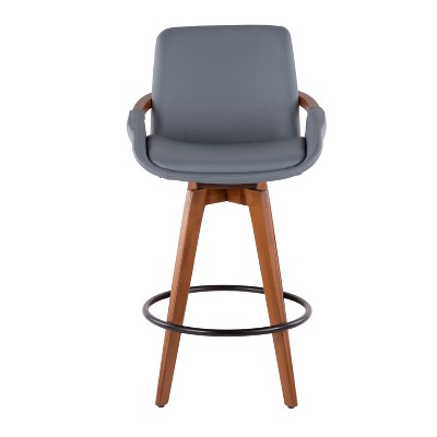26" Gray Faux Leather and Walnut Wood Swivel Counter Stool
