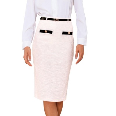 INSPIRE CHIC Women's Tweed High Waisted Button Decor Bodycon with Belt Office Midi Skirts