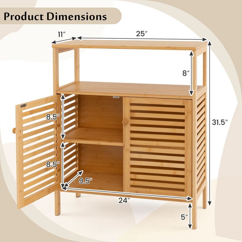 Costway Bamboo Storage Cabinet with Double Louvered Doors Open Shelf & Removable Shelf, 3 of 11