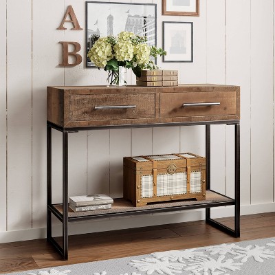 Rustic Wood and Metal Console Table with Dual Storage Drawers