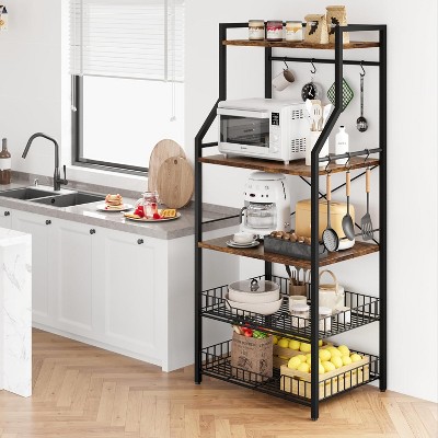 Kitchen Bakers Rack with Large Wire Baskets & 8 Hooks, Industrial Microwave Oven Stand Coffee Bar Station, Kitchen Utility Storage Shelf