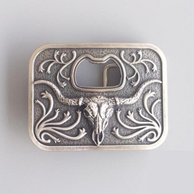 phiestina Vintage Silver Plated Long Horn Bull Bottle Opener Belt Buckle, Heavy Duty Zinc Alloy