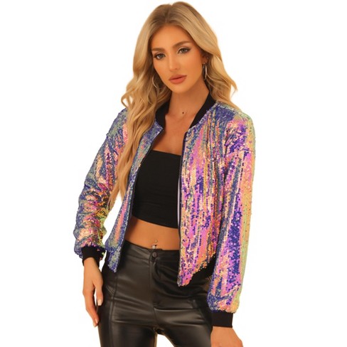 Allegra K Women's Sequin Sparkle Long Sleeve Zipper Bomber Jacket  Multicolor Large : Target