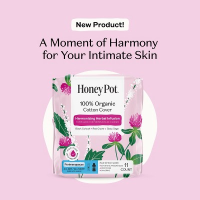 Honey Pot 100% Organic Cotton Cover Harmonizing Herbal Infusion Perimenopause Pads - 11ct
