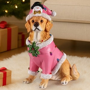 GDFStudio Ruby Christmas Resin Dog Statue in Santa Outfit, Golden