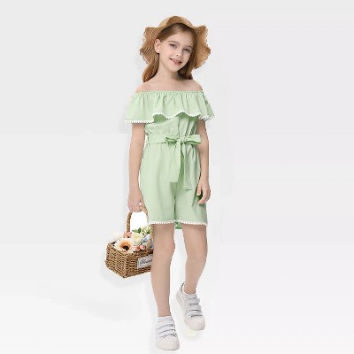 Girls Romper Flounce Squar Neck Belted Jumpsuit with Lace Trim Elastic Adjustbale Neckline Romper