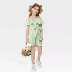 Girls Romper Flounce Squar Neck Belted Jumpsuit with Lace Trim Elastic Adjustbale Neckline Romper - 1 of 4