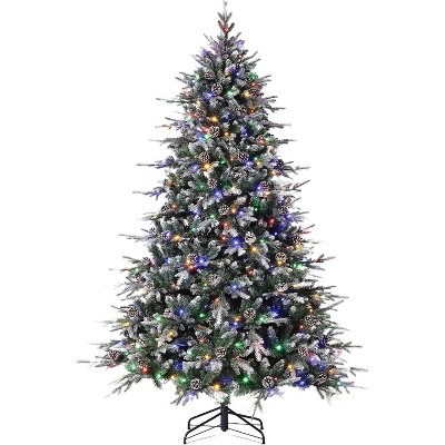 Acekool 6FT Snow Flocked Prelit Tree, Norway Spruce Look, Warm White Lights, Artificial Full Tree with Gloves & Sturdy Stand, Green