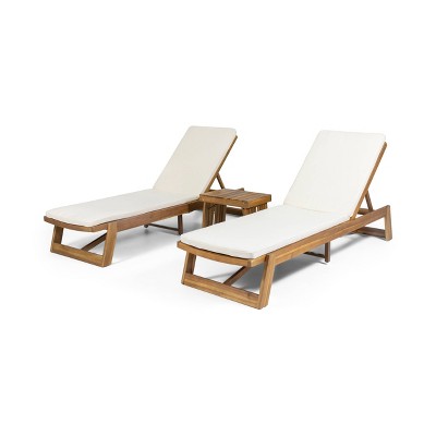 Kyoto 3pc Outdoor Acacia Wood Chaise Lounge Set with Cushions - Teak/Cream - Christopher Knight Home: Patio Set with Accent Table