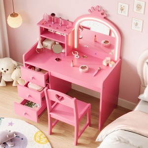 Kids Study Desk with Mirror & Chair - Pink Princess Vanity Desk, Storage Shelves & Drawers, 2-in-1 Dressing Table - 1 of 4