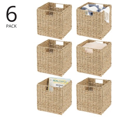 Natural Seagrass Woven Cube Storage Baskets with Handles, Set of 6