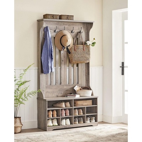 Entryway Hall Tree, Freestanding Coat Rack with Bench and Shoe Storage,  Mudroom Bench with Storage and 4 Hooks, Wood Coat Tree Mudroom Storage  Bench