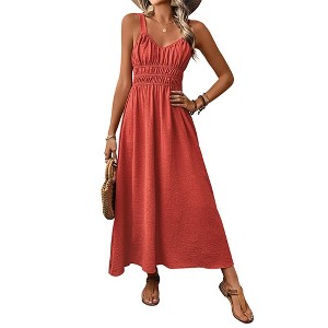 Coolmee Womens Summer Sleeveless Spaghetti Strap Maxi Dress V- Neck Smocked Waist Casual A-Line Swing Pleated Long Sundress - 1 of 4