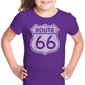 LA Pop Art Girl's Word Art T-shirt - CITIES ALONG THE LEGENDARY ROUTE 66 - 1 of 4