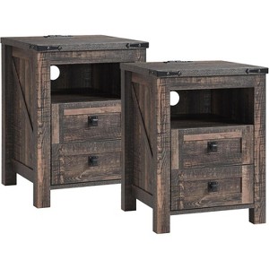 Nightstand Set of 2, Farmhouse End Table with Charging Station & 2 Drawers, 18″ Wood Bedside Table for Bedroom/Living Room/Hallway - 1 of 4