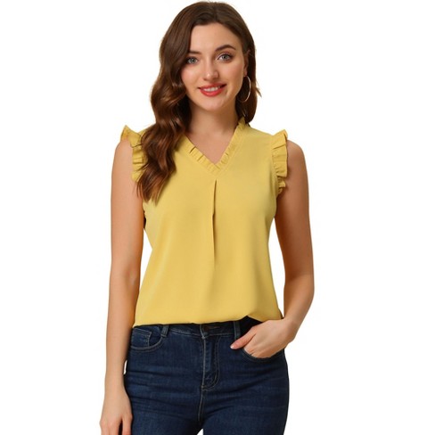 Allegra K Women's Solid Ruffled Sleeveless V-neck Work Business Vintage  Blouses Yellow X-large : Target