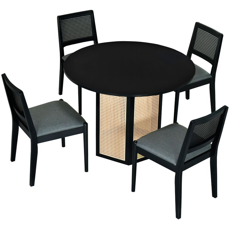 5-Piece Rattan Round Dining Table Set, Wood Table with Hexagonal Base and Upholstered Chairs for Dining Room, Kitchen 4Q - ModernLuxe, 2 of 15