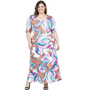 24seven Comfort Apparel Plus Size Pink Floral Elbow Sleeve Casual A Line Maxi Dress