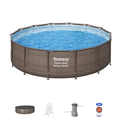 Bestway Power Steel 14’ x 42” Round Above Ground Outdoor Backyard Swimming Pool Set with 1,000 GPH Filter Pump, Ladder, and Pool Cover