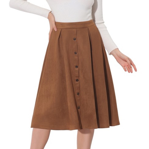 Allegra K Women's Faux Suede Button Front High Waist Pleated Midi Skater  Skirt Brown X-small : Target