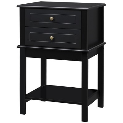 Modern Black Wood Side Table with Dual Storage Drawers and Shelf