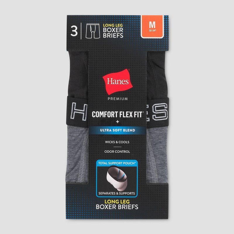 Hanes Premium Men's Long Leg Boxer Briefs with Anti Chafing Total Support Pouch 3pk - Black/Gray, 3 of 7