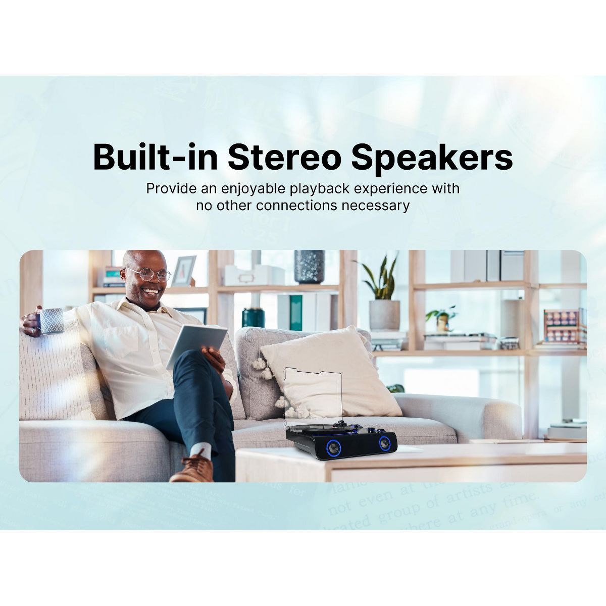 VICTOR Beacon 5-in-1 Turntable System with 3-Speed Record Player, FM Radio, Dual Bluetooth In & Out, Built-in Stereo Speakers, and Blue LED Accent - thumbnail 7